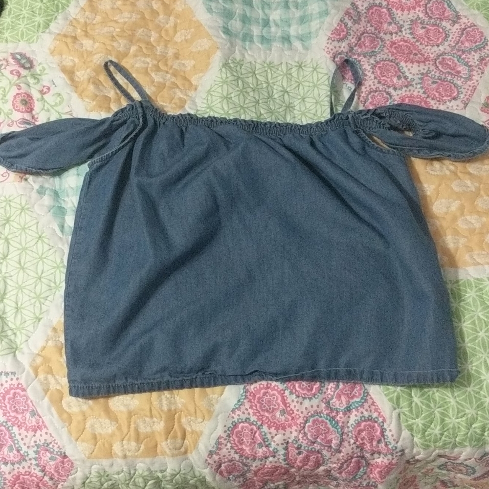 Denim girls cold shoulder blouse